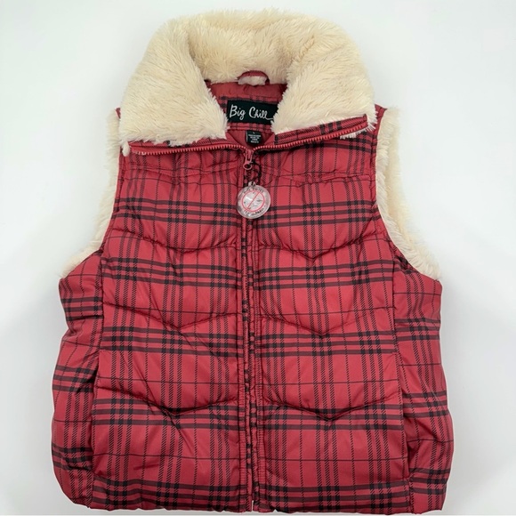Big Chill Red Plaid Puffer Vest Faux Fur Lined Women’s Size Large - Picture 7 of 7